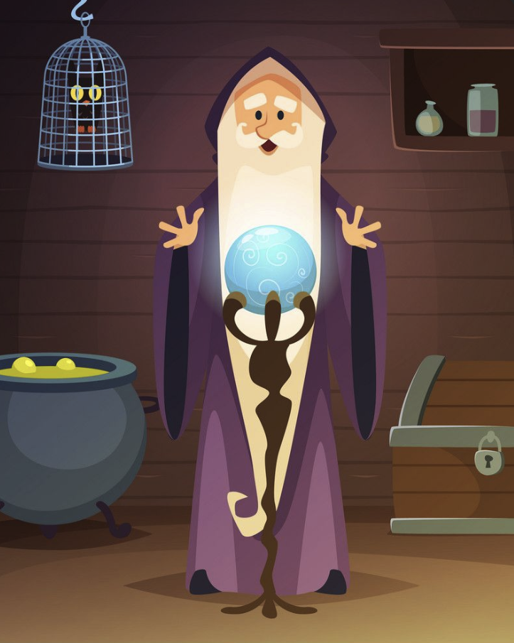Friendly oracle holding a glowing crystal ball